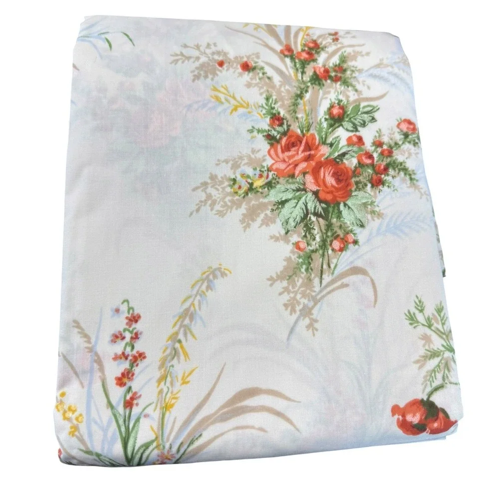 Vintage 70s Garden Full Sheet Set Flat Fitted Percale Floral Perma Prest Cottage